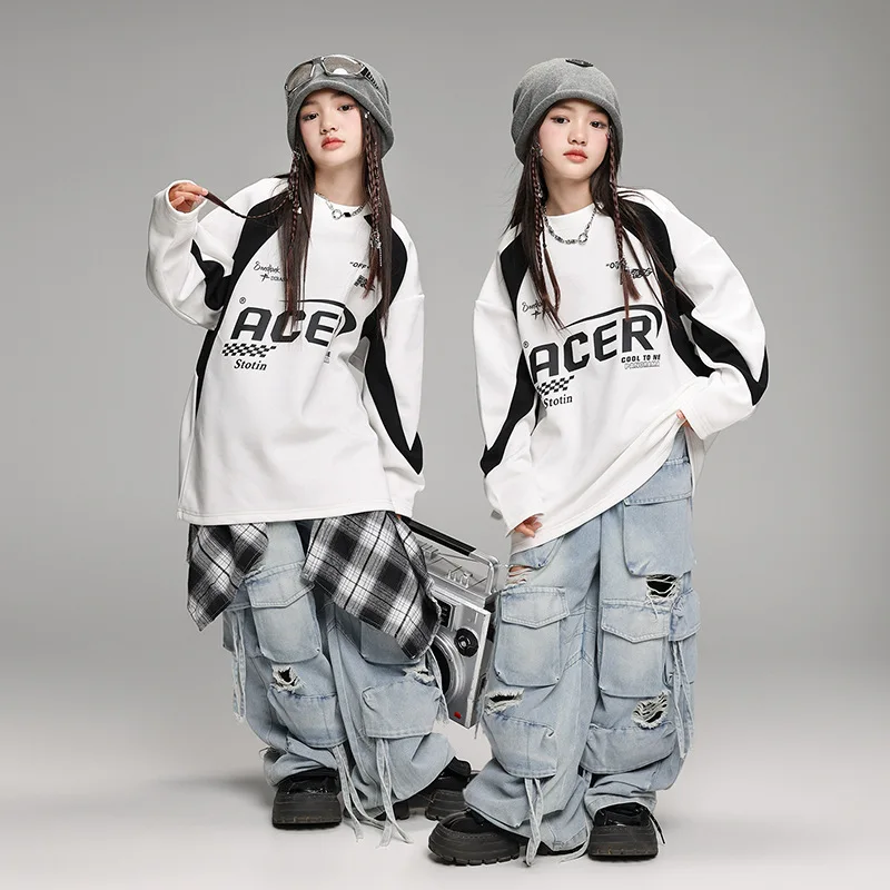 子供用ストリートダンスヒップホップ服、ジーンズまたはスウェットパンツ、男の子と女の子のランウェイジャズダンスパフォーマンスコスチュームセット