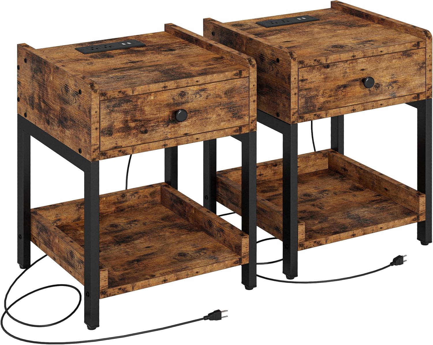 Nightstand Set of 2 with Charging Station, End Table with Drawer and Shelf, Stable and Sturdy, Vintage Brown