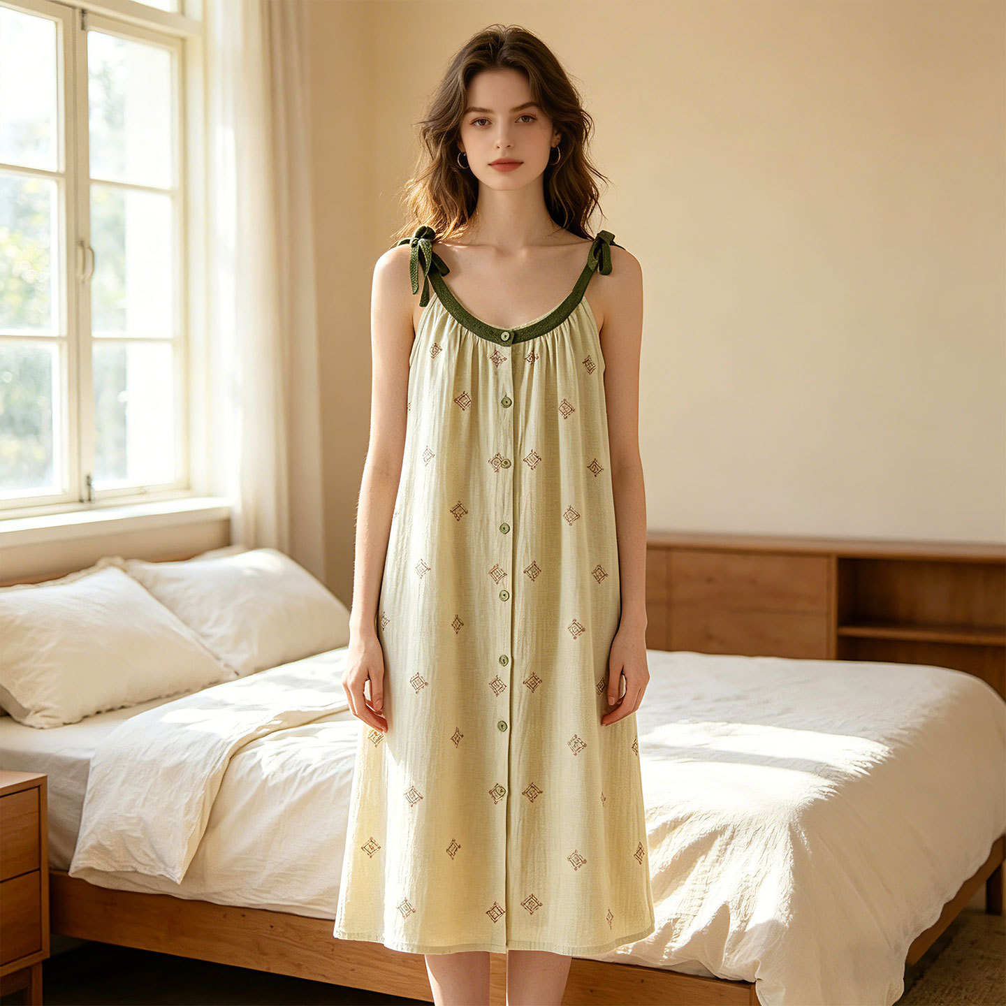 レトロナイトガウン女性睡眠新しい夏パジャマワンピースドレス純粋な綿薄いノースリーブパジャマとしてドレスナイトウェアレディース