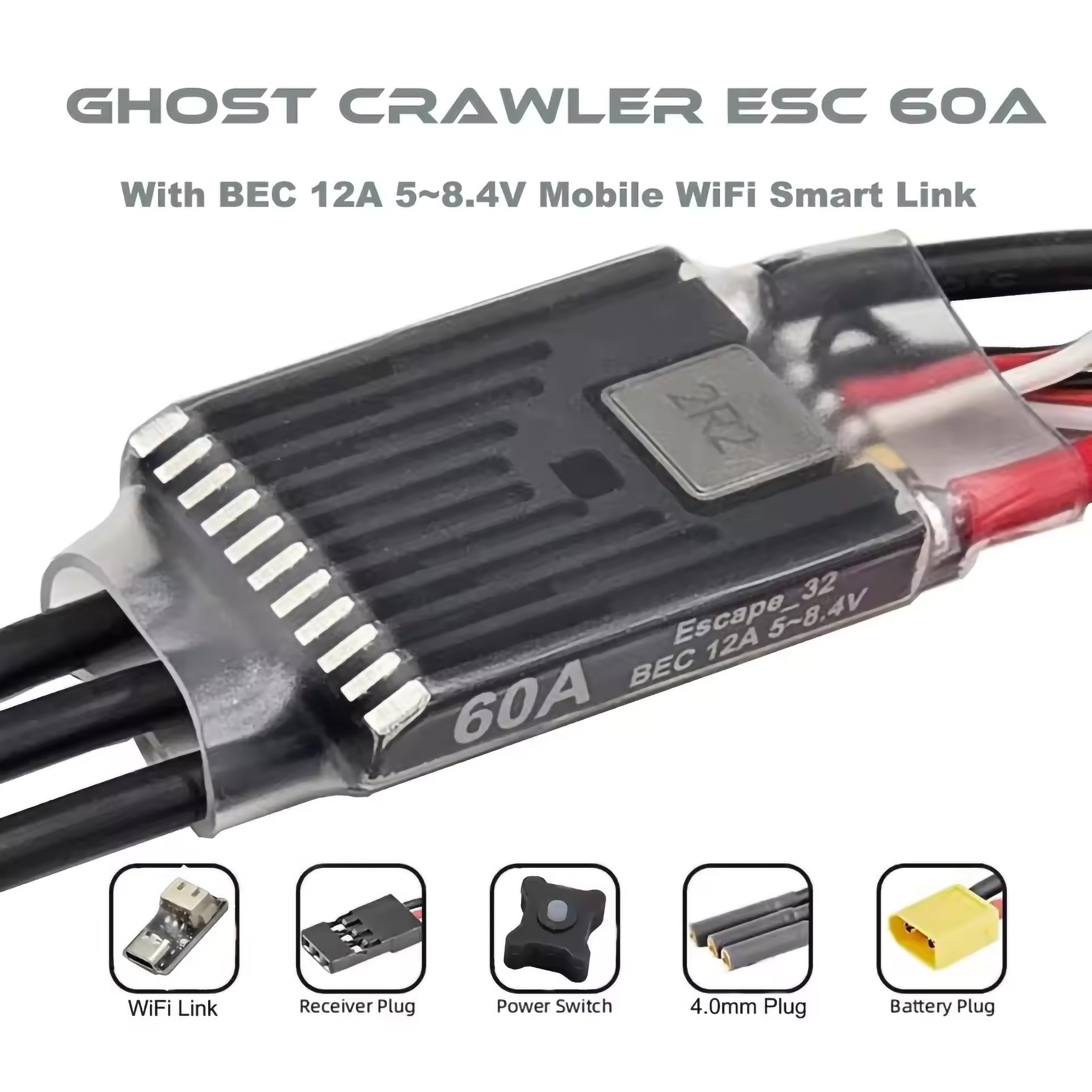 クローラー ESC 60A 2-8S 12A BEC5 〜 8.4V 付き 1/10 RC ロッククローラー車用に調整可能