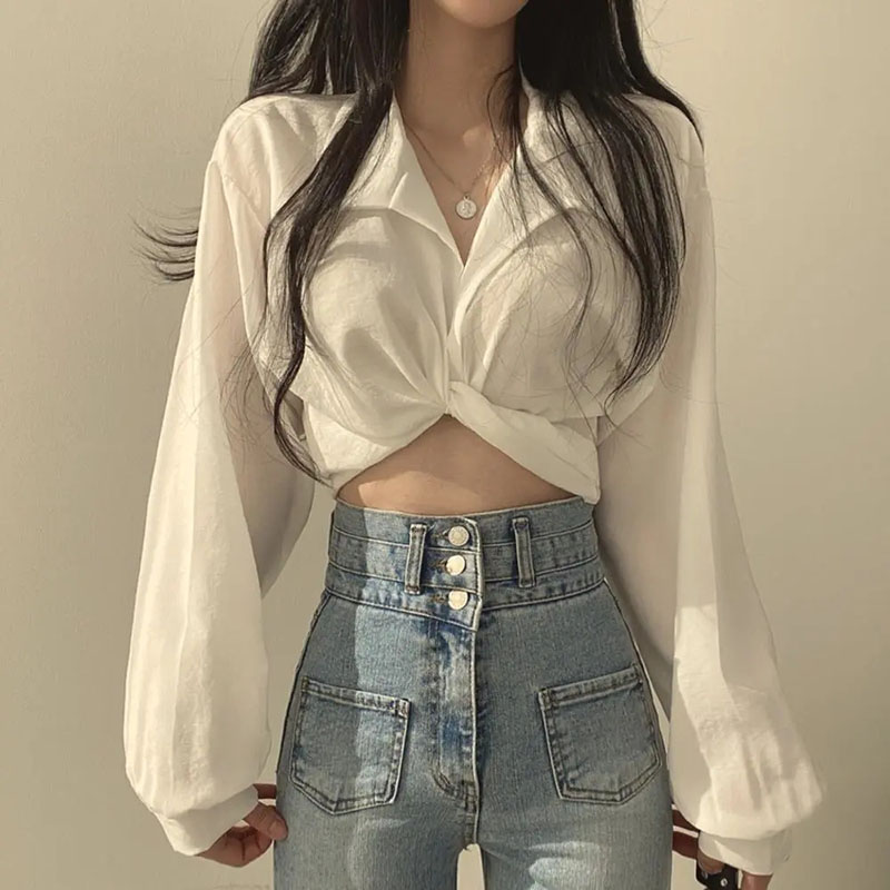 弓クロップトップ女性 Y2K ストリート韓国シックなセクシーなレースアップブラウス女性原宿長袖ラペル固体オールマッチシャツ新