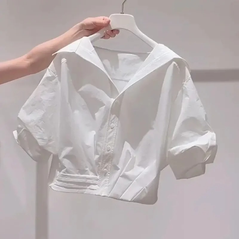 Fanan 2026 夏の新ラペルバブルスリーブシャツ女性ルーズフィットクロップトップ女性ブラウスシャツ