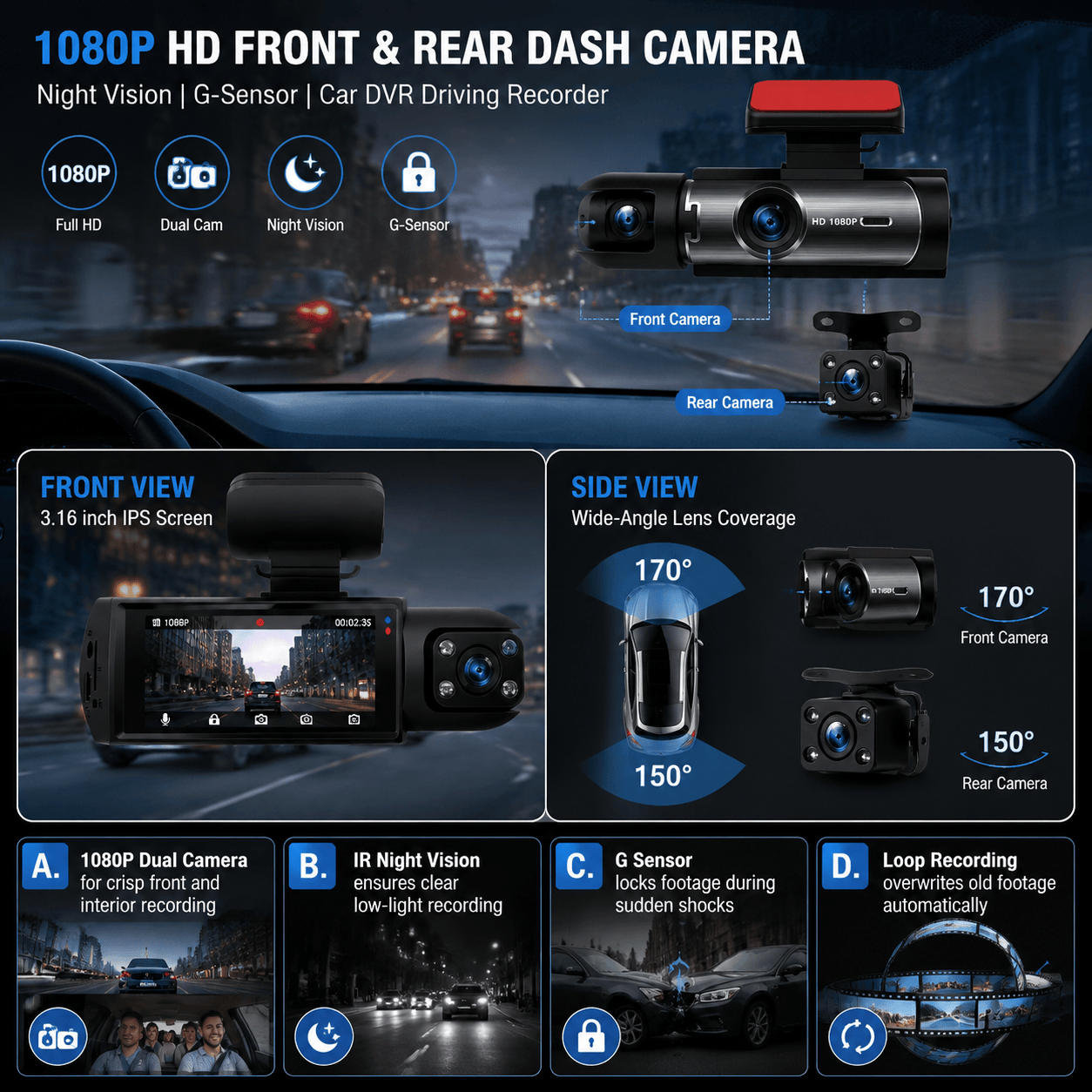 デュアルダッシュカム 車用カメラ フロントおよびインサイド 1080P IR ナイトビジョン デュアルレンズ車両レコーダー Gセンサー付き オートロック 24時間365日駐車モニター シームレスループ録画 ライドシェアドライバー用 セキュリティ監視