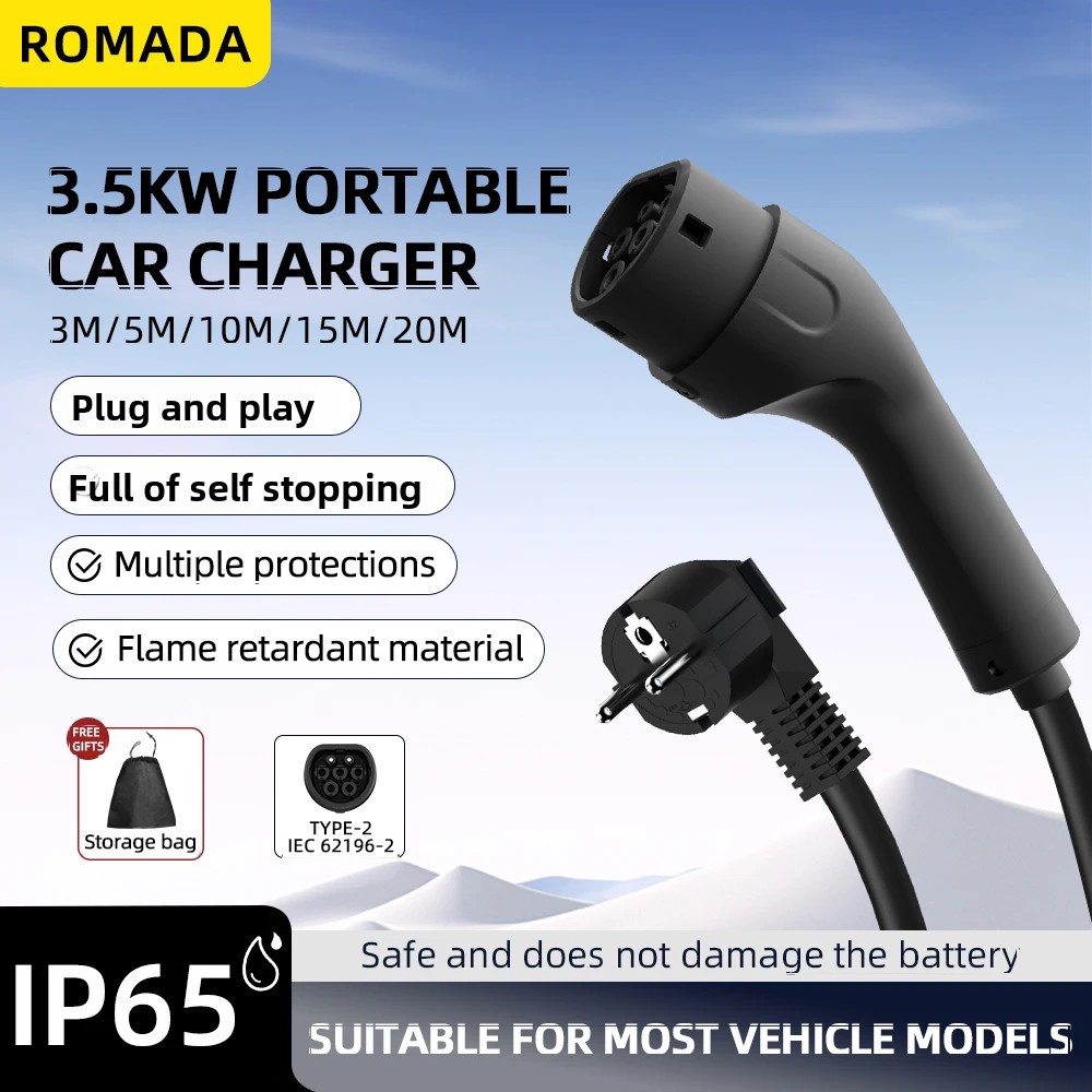 ポータブル 3.5KW 16A EV 充電器 3 メートル 5 メートル 10 メートル 15 メートル 20 メートルケーブル Type2 IEC62196 EVSE EU プラグウォールボックスアダプタ電気自動車用