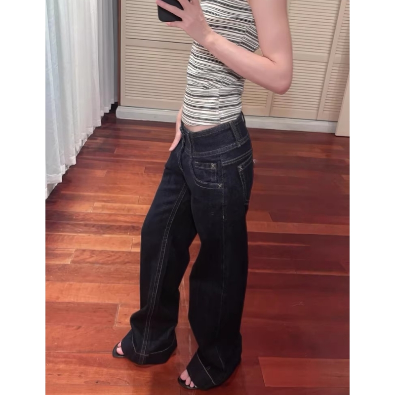 女性のアメリカンブルーボタンデザインジーンズローウエストストレートレッグルーズワイドレッグドレープロングパンツY2Kスタイルスリミングデニム