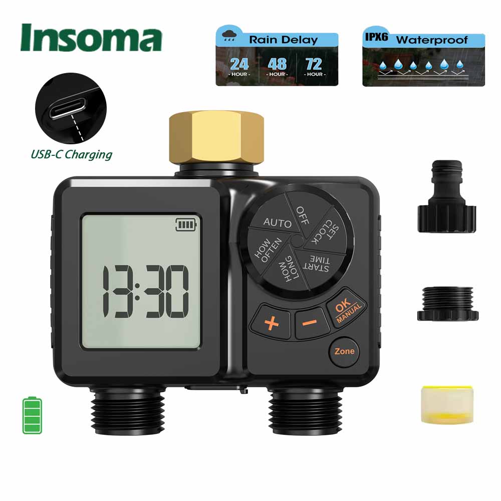 INSOMA IPX6 ガーデンウォータータイマー 2.8 インチワイドディスプレイ USB-C 充電式灌漑システムアップグレード 2000mAh 大容量バッテリー、耐紫外線ハウジング、時間指定散水雨遅延自動散水システム