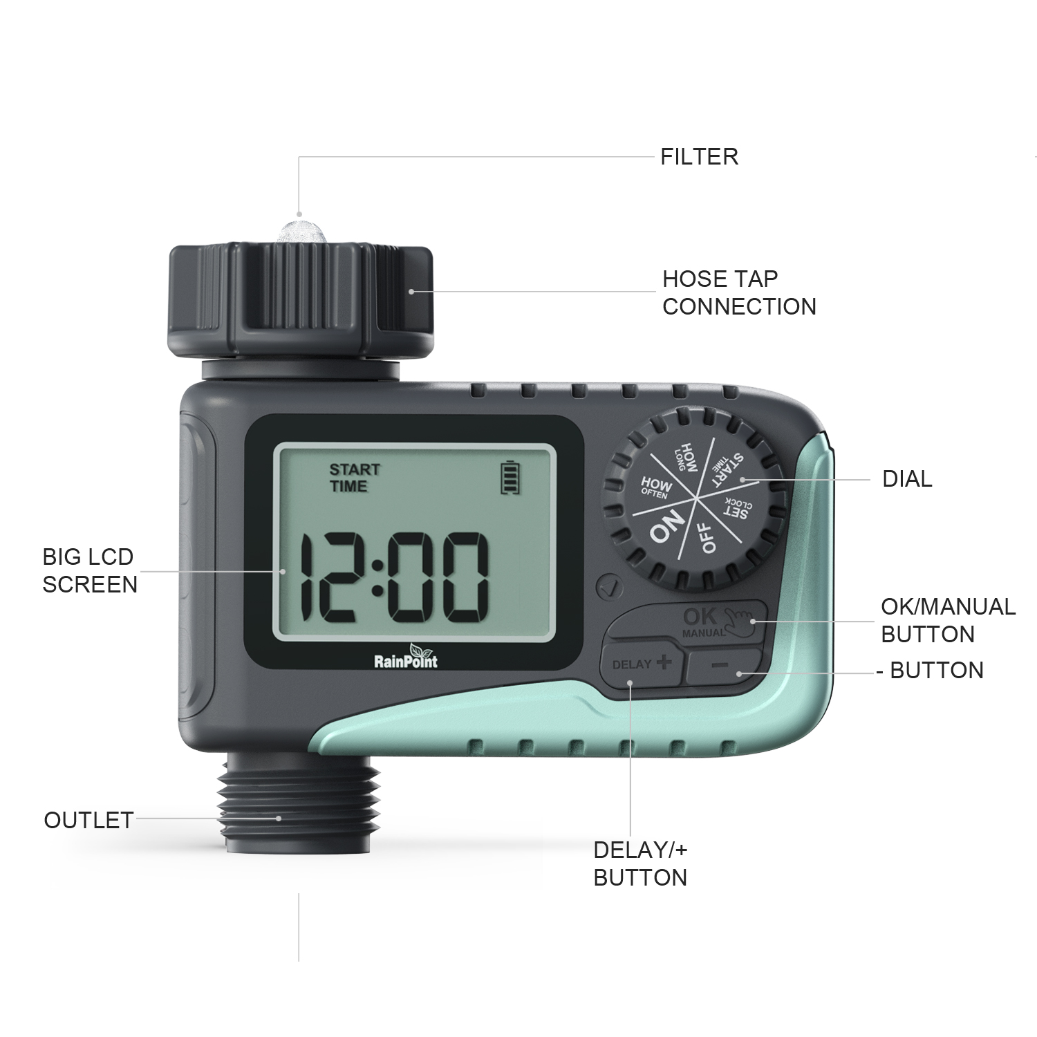 RAINPOINT スプリンクラータイマー、庭のホース用のプログラム可能な散水タイマー、雨遅延/手動/自動散水システムで時間を調整する屋外ソーカーホース、庭、芝生用のデジタル灌漑、1つのコンセント