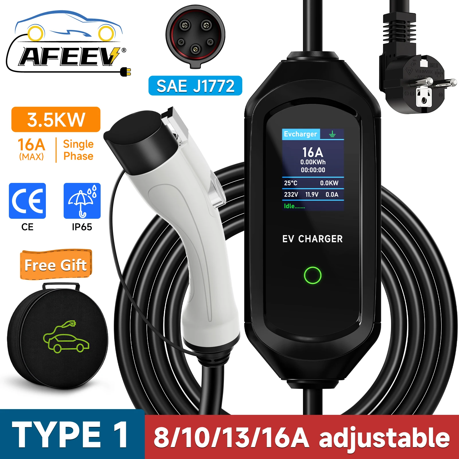 AFEEV 3.5KW 16A 1 相ポータブル EV 充電器 Type1 SAE J1772 電気自動車充電器 EVSE 急速充電ウォールボックス EV 充電ステーション