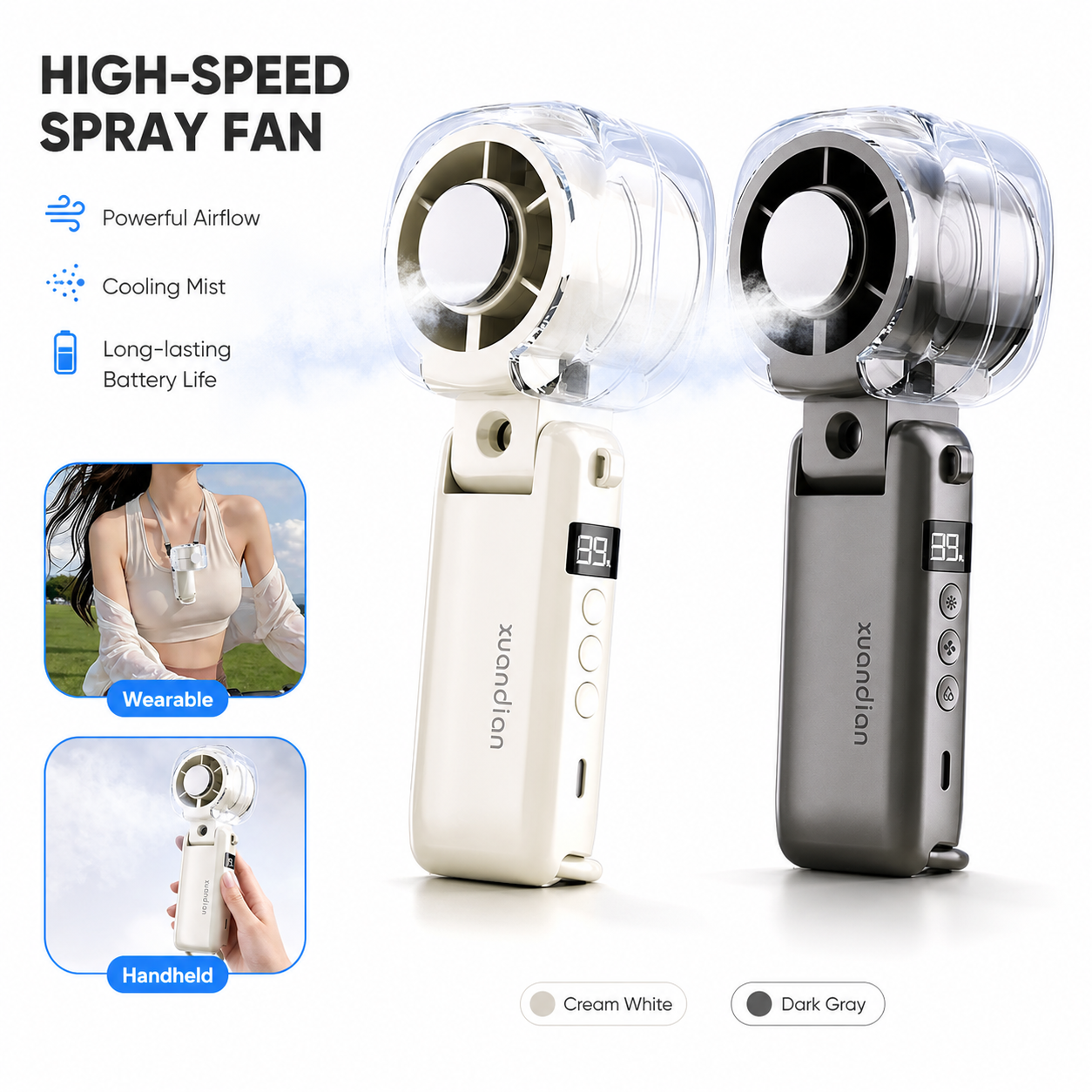 ポータブルスプレーファン 高速 3000mAh 充電式 199 スピード LED ディスプレイ 折りたたみ式氷冷却 夏旅行オフィススポーツ用