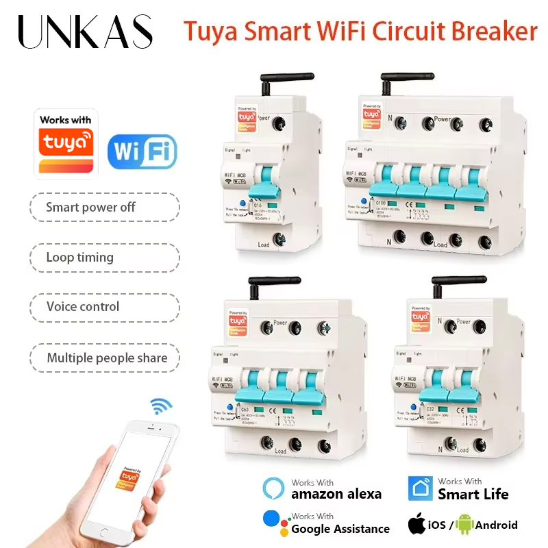 UNKAS 1P 2P 3P 4P Tuya Wifi サーキットブレーカー遮断器スマートライフタイマー音声リモコンインテリジェントスイッチで動作します