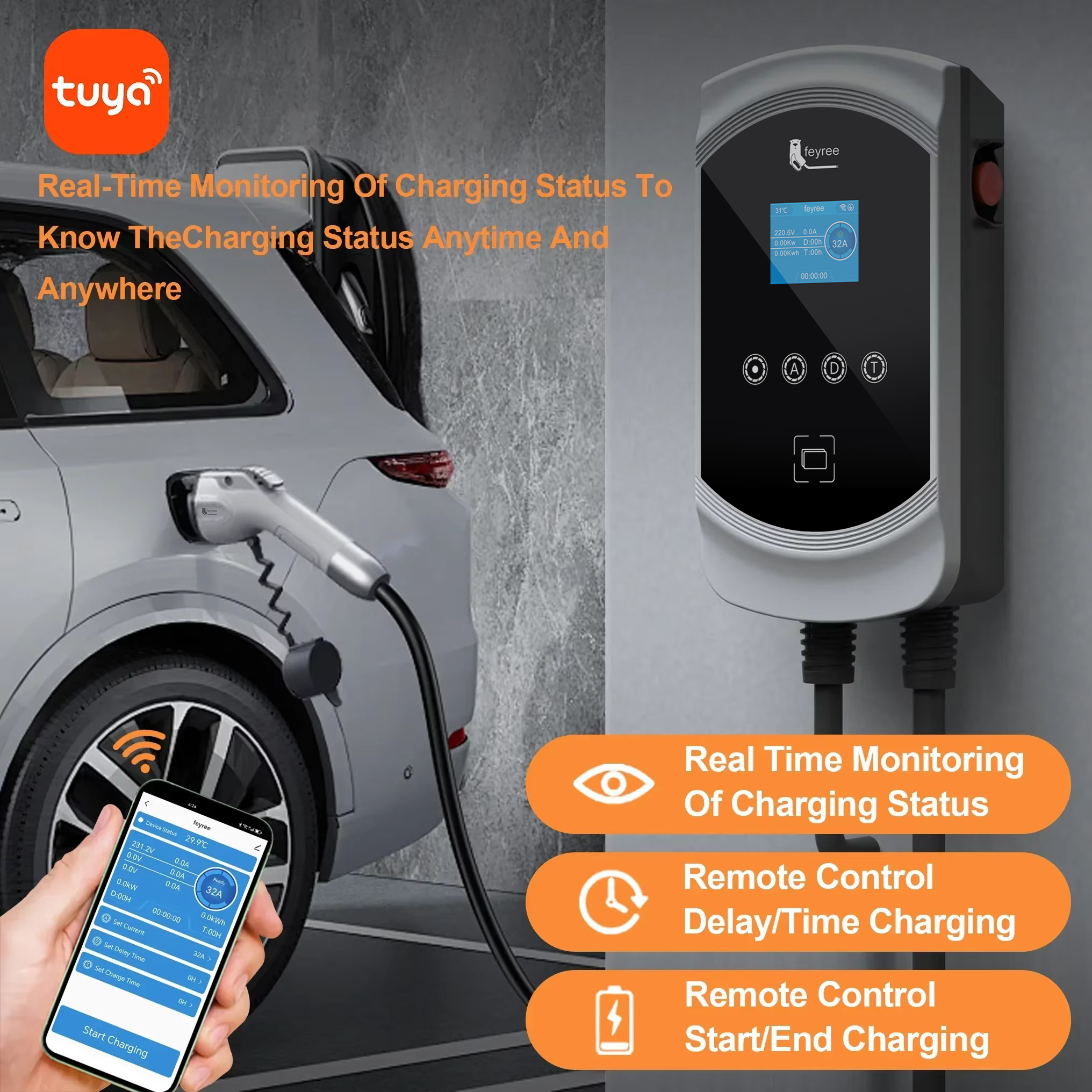 Feyree EV 充電器 GB/T ソケット 22KW 11KW 3 相急速充電 EVSE ウォールボックス 32A 7KW 1 相スマート WIFI APP 制御電気自動車用