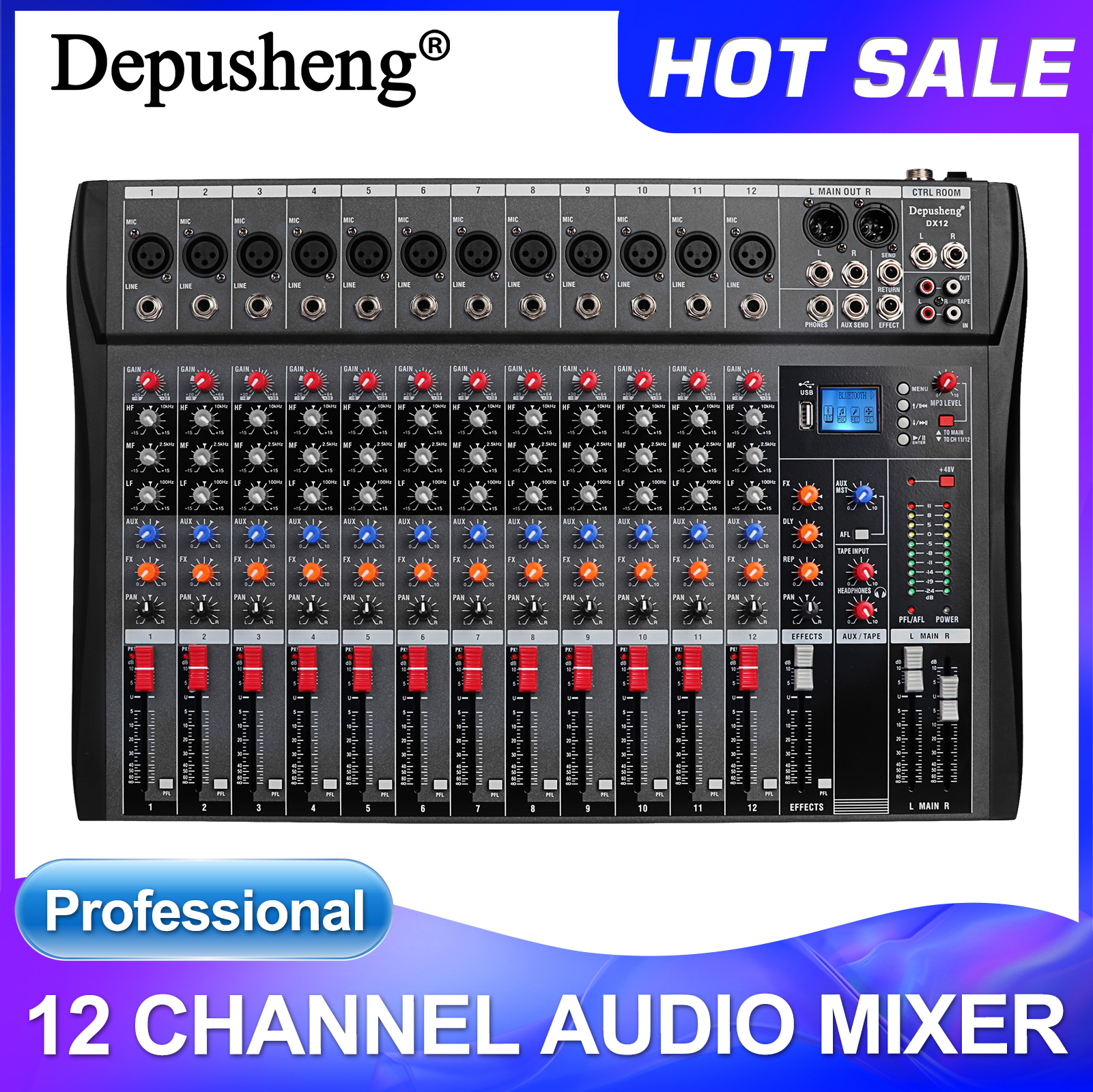 DEPUSHENG DX12 プロフェッショナルオーディオミキサー 12 チャンネルスタジオオーディオコンソール USB MP3 入力 48v ファンタム電源 DJ コンソール