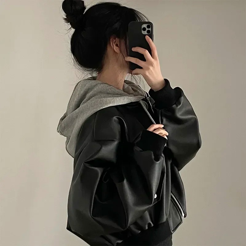 ファッションフード付きルースレザージャケット女性ファッションフェイクレザーコート春秋韓国 PU ジャケット