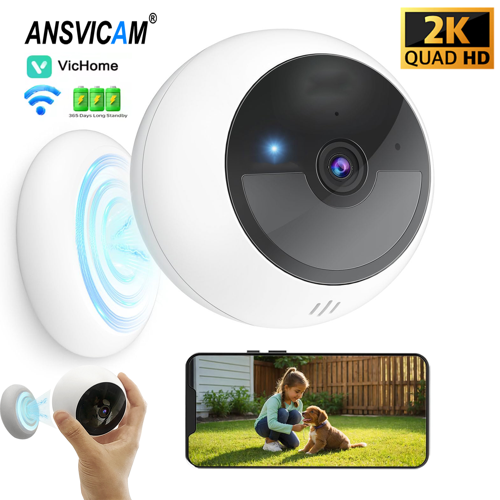 2K ワイヤレスバッテリー駆動カメラ屋外磁気 5MP IP カメラ屋内ホームセキュリティスマートモーション検出ペット犬カム