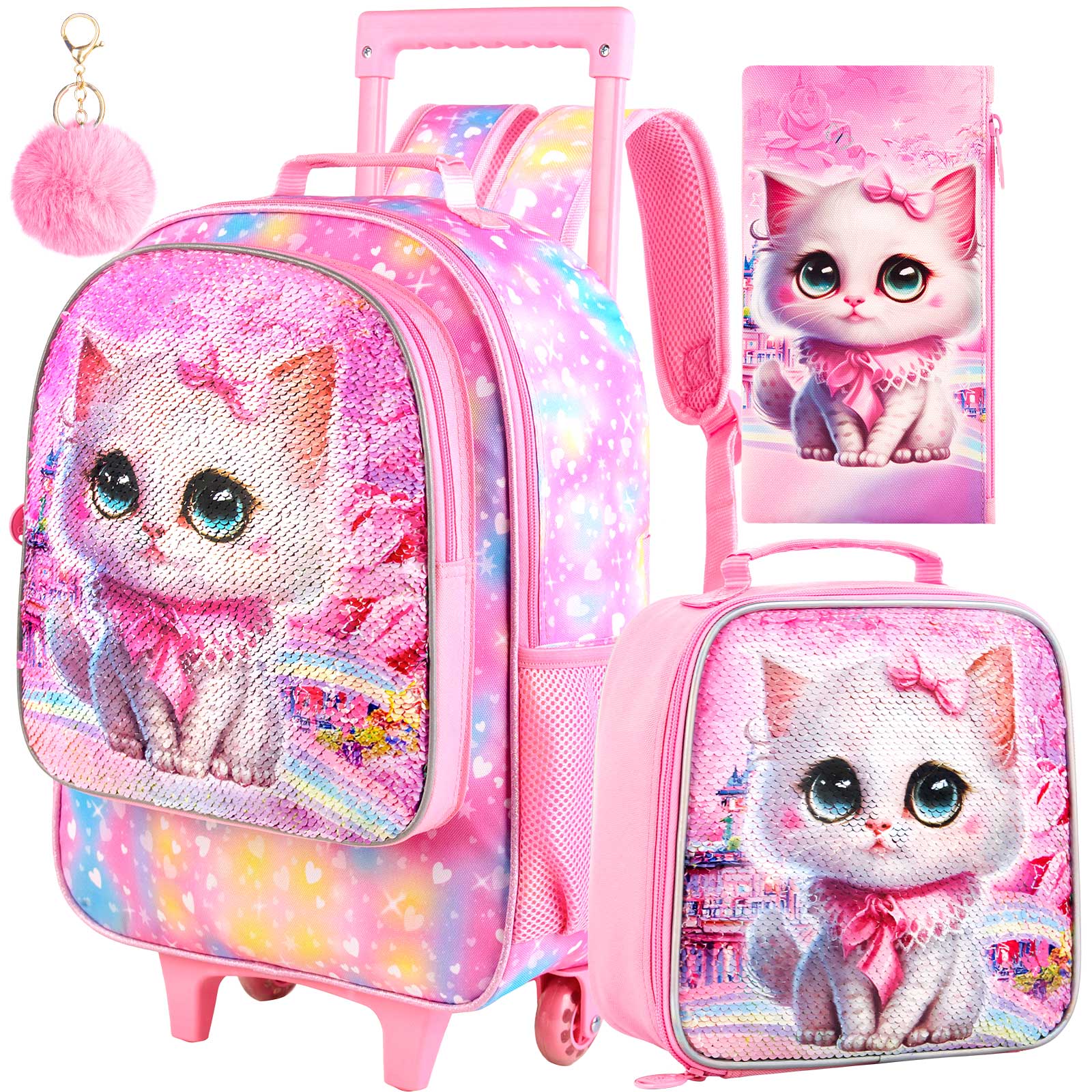 女の子用ローリングバックパック4個、子供用猫ローラーホイールスクールブックバッグ、ランチバッグ付き、幼児小学校用ホイール付きスクールバッグ