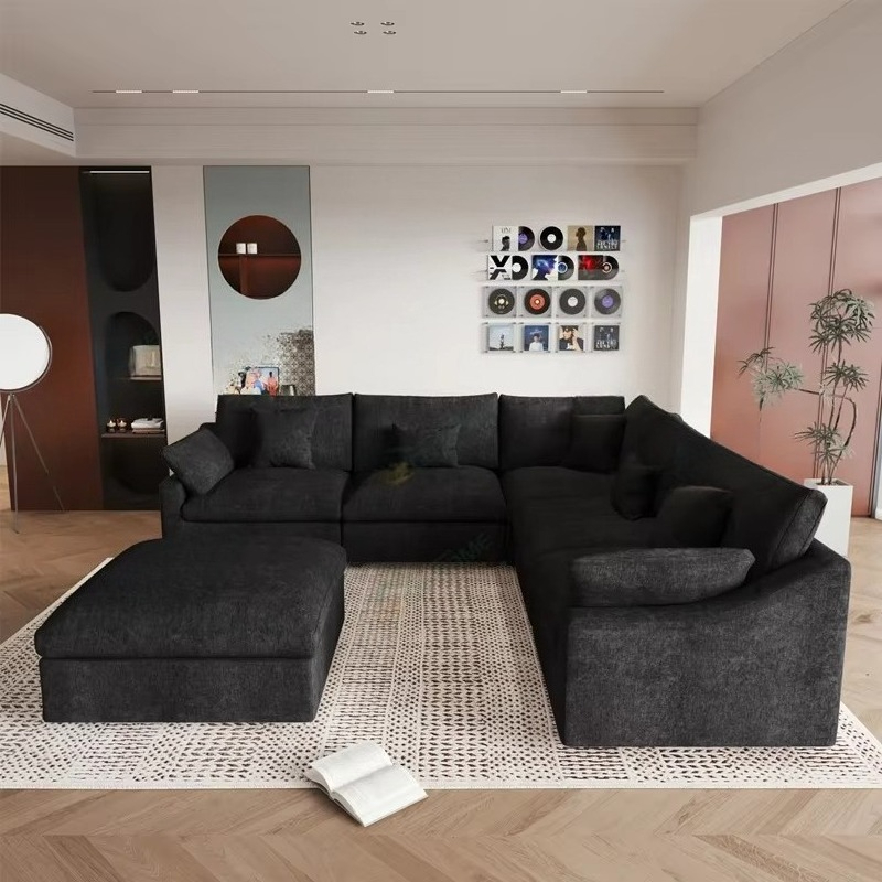 # Black Water Proof Soft Cloud Modular Sofa High Density Sponge Seating Sectional Sofa Living Room Furniture with Ottoman