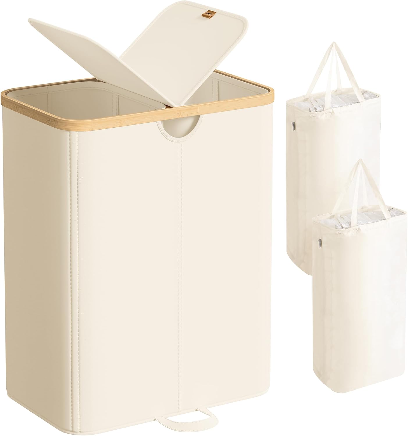 蓋付きランドリーバスケット、2つのコンパートメント付きランドリーバスケット、39ガロン。 (150 L)、取り外し可能なライナーバッグ、ランドリールーム、寝室、リビングルーム用、クリームホワイトとライトバンブー ULCB523W01