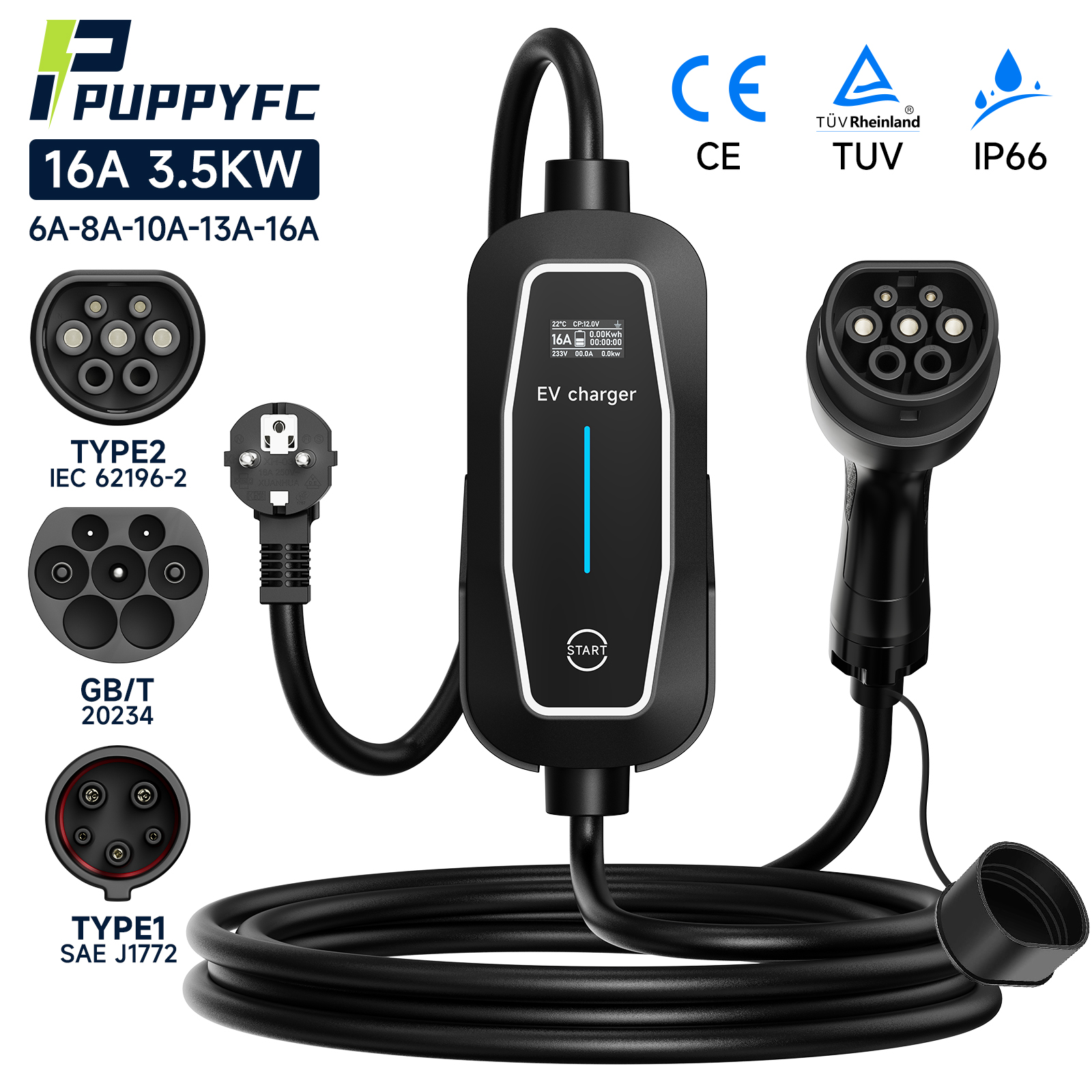 Puppyfc 16A 3.5KW ポータブル EV ChargerType2 Type1 GBT EVSEE電気自動車充電ステーション IEC62196-2 家庭用車ウォールボックス用