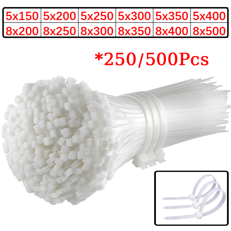 セルフロックプラスチックナイロンタイ 500/250 個 500 ミリメートルホワイトジップラップストラップ 300 ミリメートルナイロンケーブルタイセット固定リングループワイヤーラップ