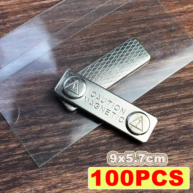 100個の磁気名札キット アクリルバッジホルダー 学校オフィス用の空白の印刷可能な紙インサート付き 5.7x9CM PET素材