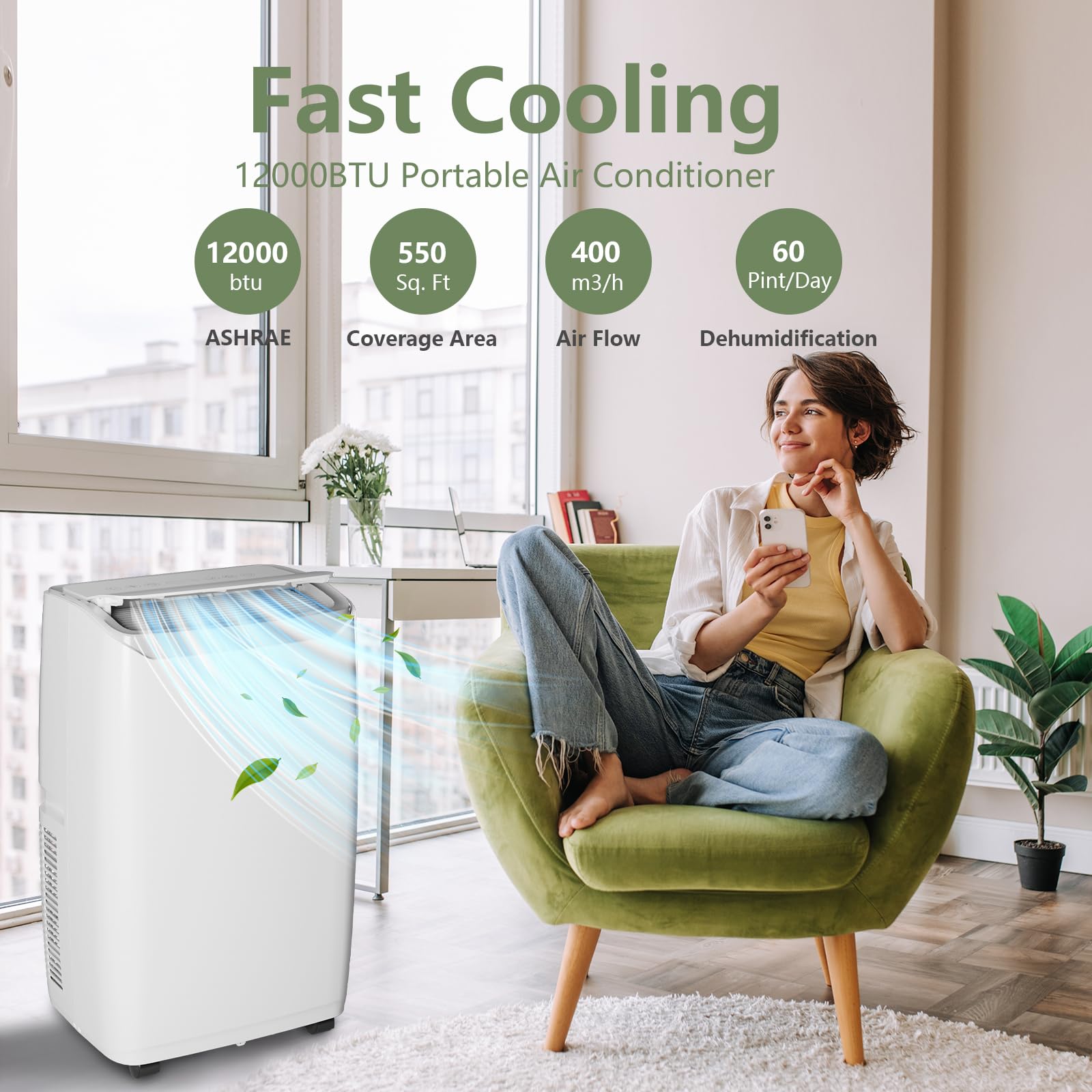 ポータブルエアコン、12000 BTU ACユニットは最大550平方フィートを冷却、エアコンポータブル3-in-1冷却ファン除湿機、静かな51dBスリープモード24時間タイマーリモコン、ウィンドウキット付属