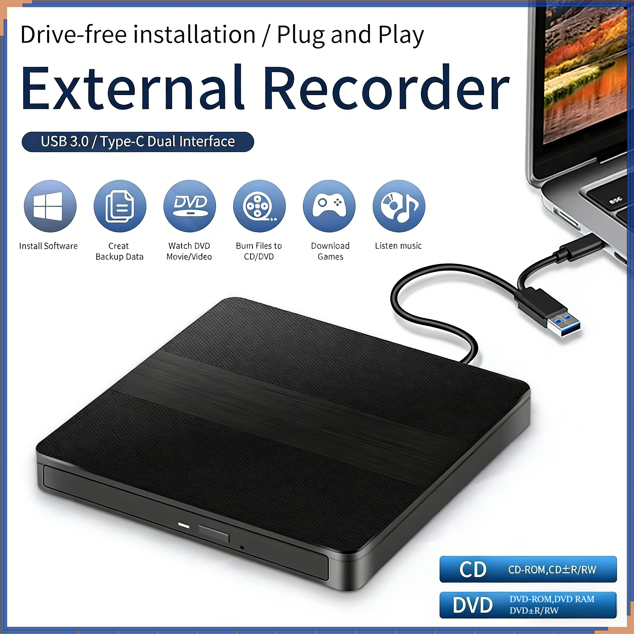 USB3.0 Type-C スリム 2 in 1 外部 CD RW DVD ライタードライブリーダーバーナープレーヤー光学ドライブ PC ラップトップ DVD バーナーポータブル