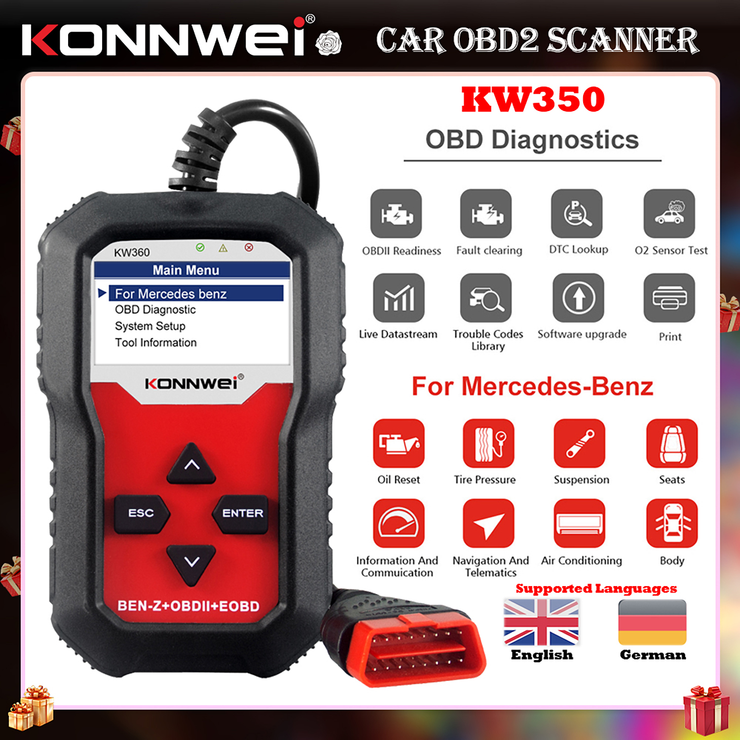 KONNWEI KW360 OBD2 スキャナー フルシステム メルセデスベンツ車診断ツール C300 W204 W205 W211 ABS エアバッグオイルリセット用