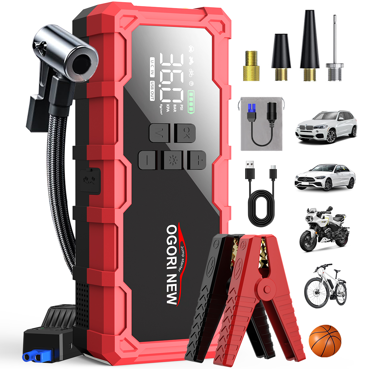 カースターター エアコンプレッサー付き 150PSI 10000A ポータブルカースターターバッテリーパック (10.0L 燃料/16.0L ディーゼル)