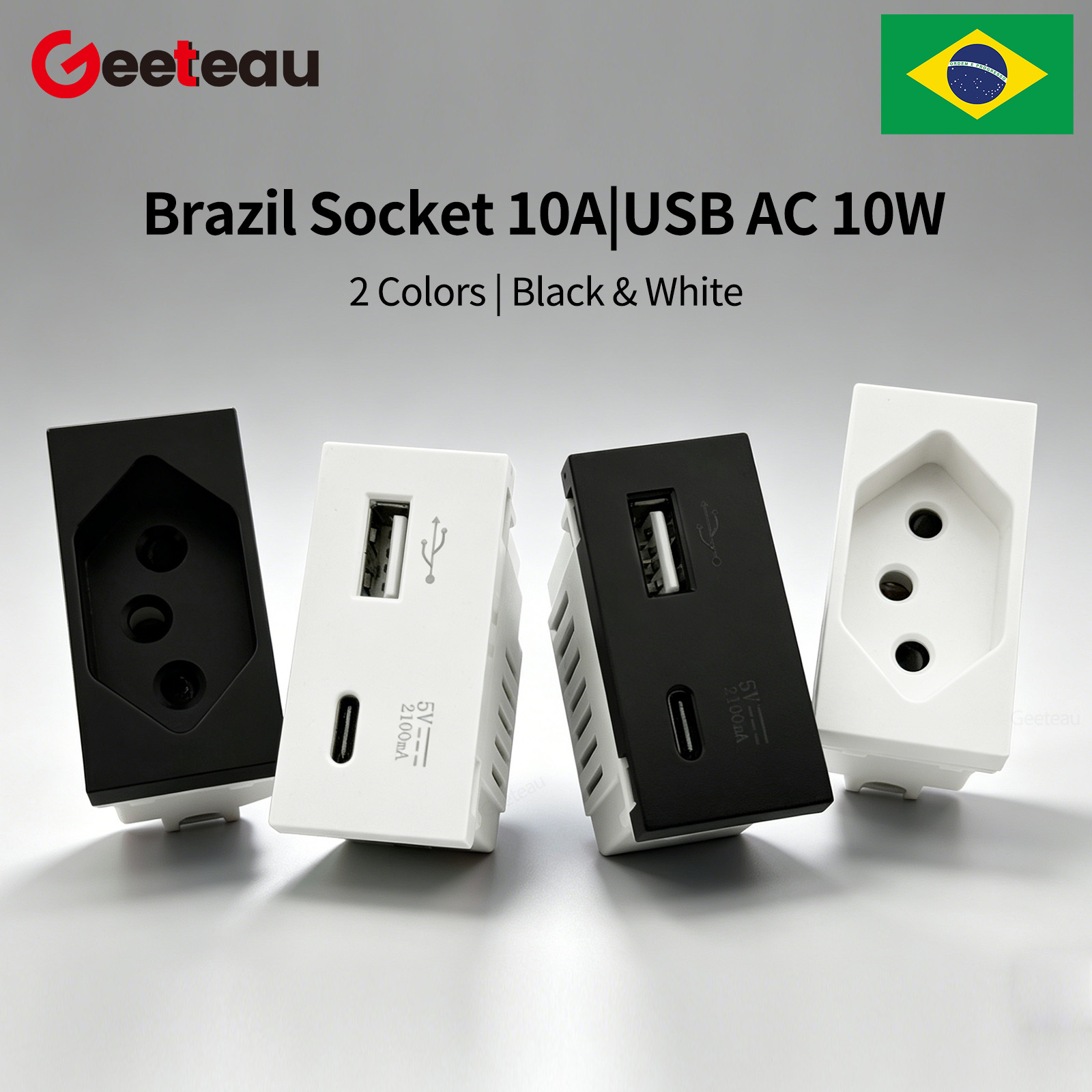 Geeteau ブラジル標準ソケット スイッチ モジュール 118 シリーズ 4*2 ブラック ホワイト 10A 大型銅 USB Type-C 10W 安全壁コンセント