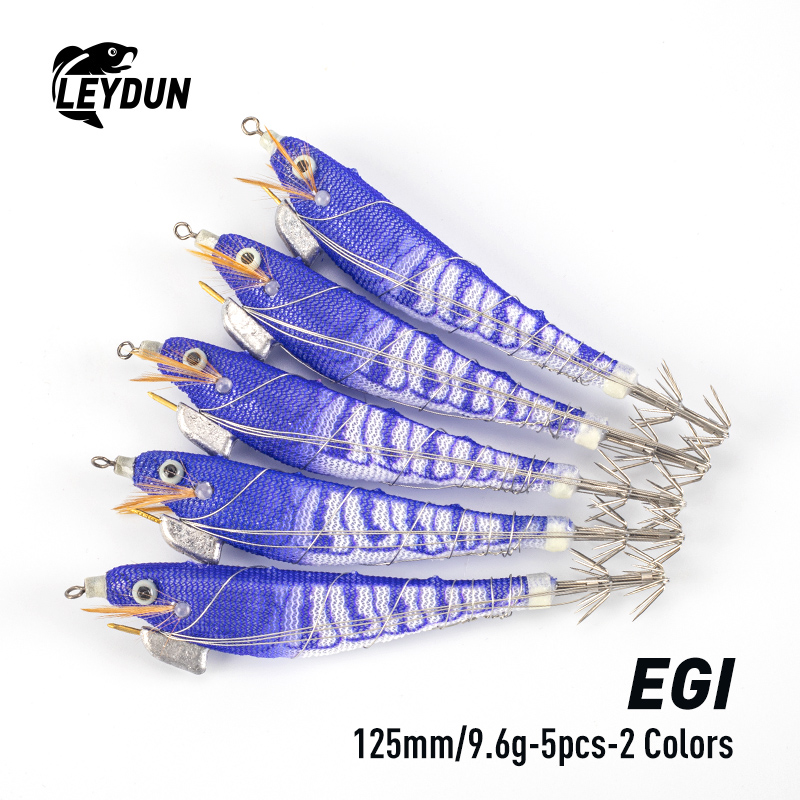 LEYDUN Luminous Squid Jig Wood Shrimp Egi Purple Deep Sea Cuttlefish Hanchi Egi 5pcs/set Fishing Lures Saltwater Baits
