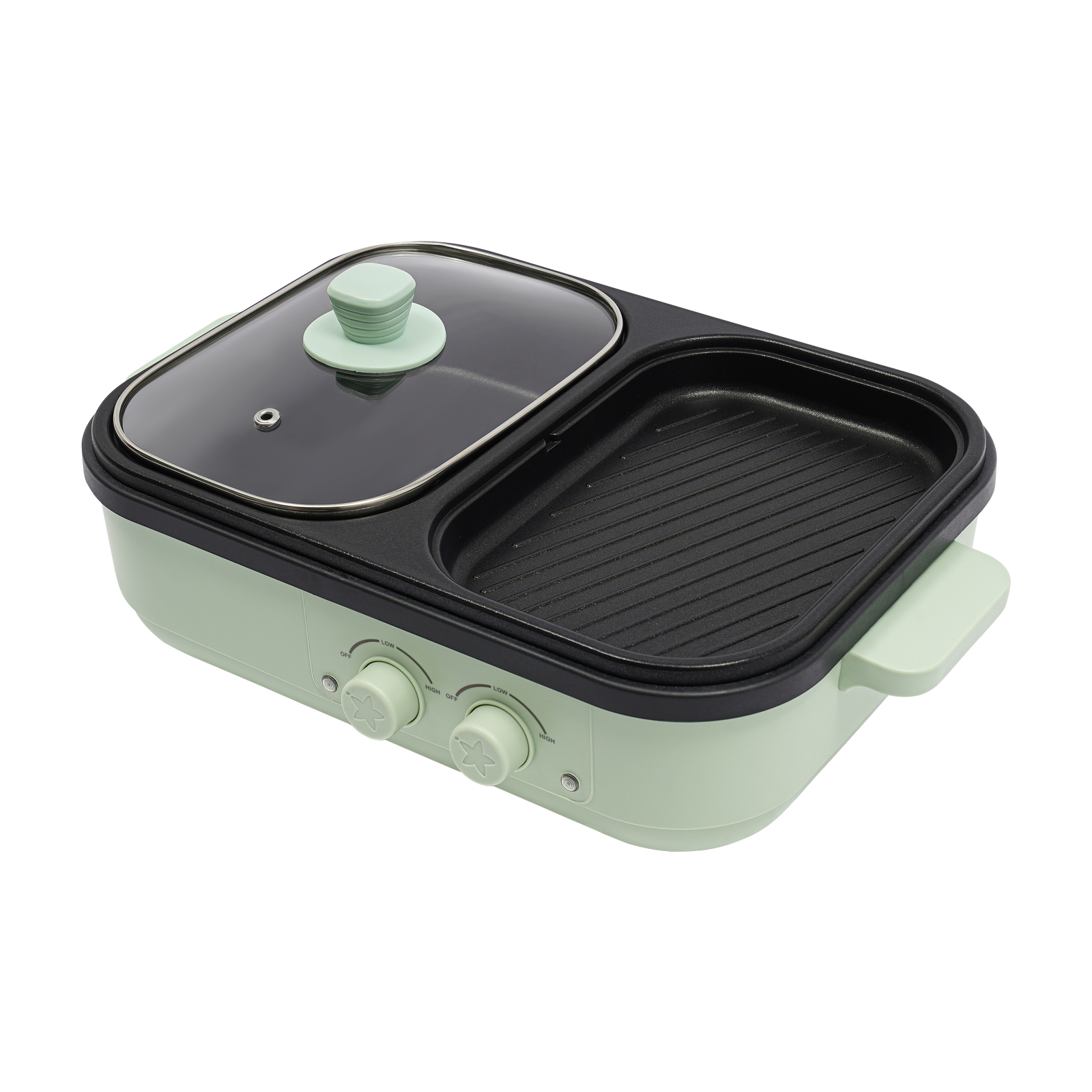 グリーン ブラック 2 In 1 電気調理鍋 一体型ホットポットとグリルエリア 食品グレードの合金とシリコン構造 ノンスティックコーティング 1300W 電力 米国標準プラグ 卓上 多機能調理器具 F