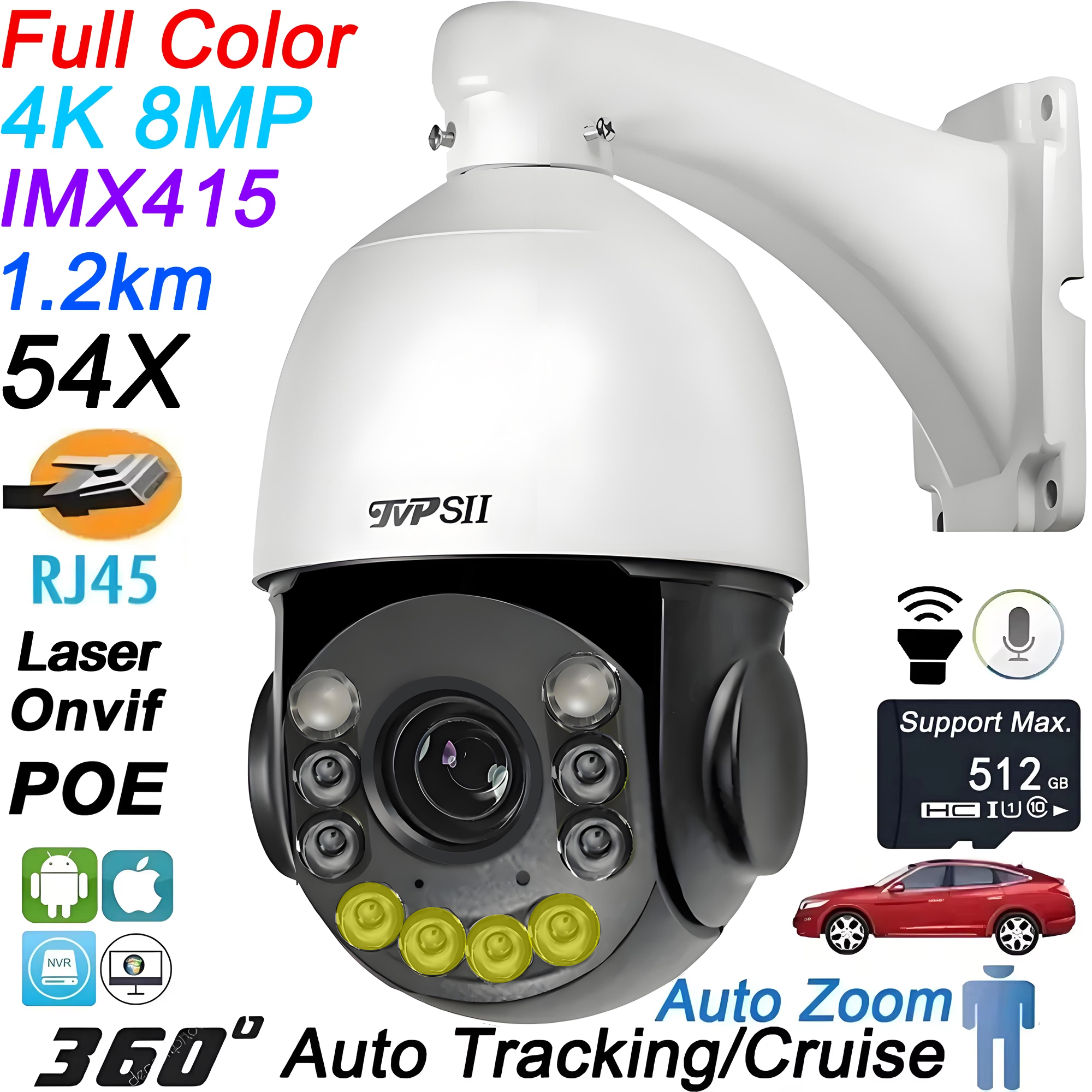 Onvif 金属レーザー赤外線フルカラー自動追跡クルーズ 8MP 4K 54X 光学ズーム 360° POE PTZ スピードドーム監視 IP カメラ