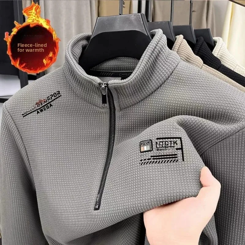メンズフリースライナー長袖 Tシャツジャケットヴィンテージハーフジッパープリントチェック柄テクスチャ厚く暖かいプルオーバータートルネックスウェット
