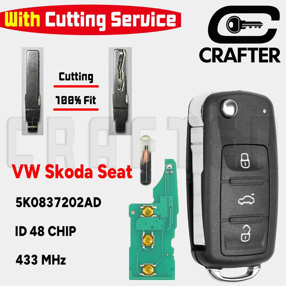 キークラフター 5K0837202AD 434MHz ID48 チップフリップリモートカーキーフィット VW フォルクスワーゲンポロゴルフパサートティグアンシュコダシートキー切断
