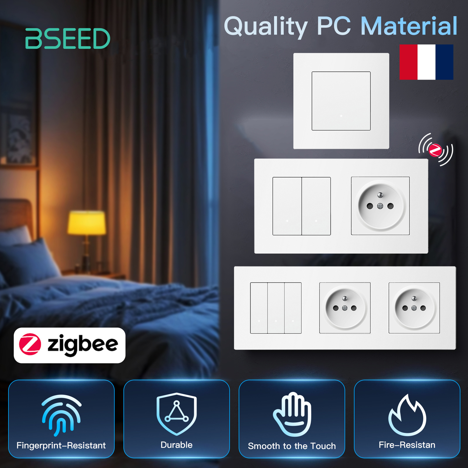BSEED Zigbee Wall Light Button Switches Tuya Smart Life Alexa Control Plus French Power Sockets Matte Plastic Frames E-Series