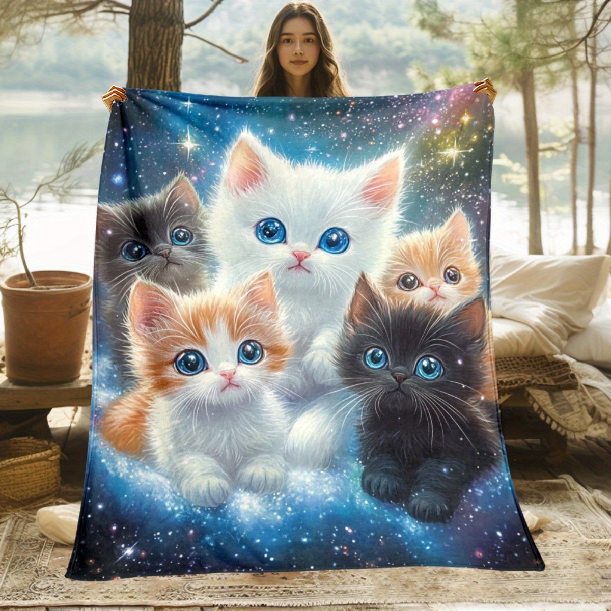 銀河宇宙デザインのかわいい子猫、子供や猫愛好家のための豪華な柔らかいフランネルブランケット、夢のような星空の夜の寝具装飾