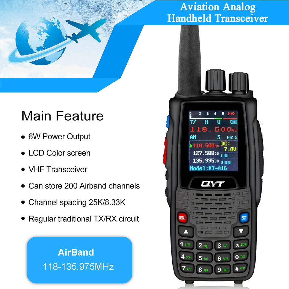 QYT KT-A16 エアバンドラジオ Tx118.000-136.999MHz Rx108.000-136.999MHz 6W ハイパワー 200 チャンネル ハンドヘルド送信
