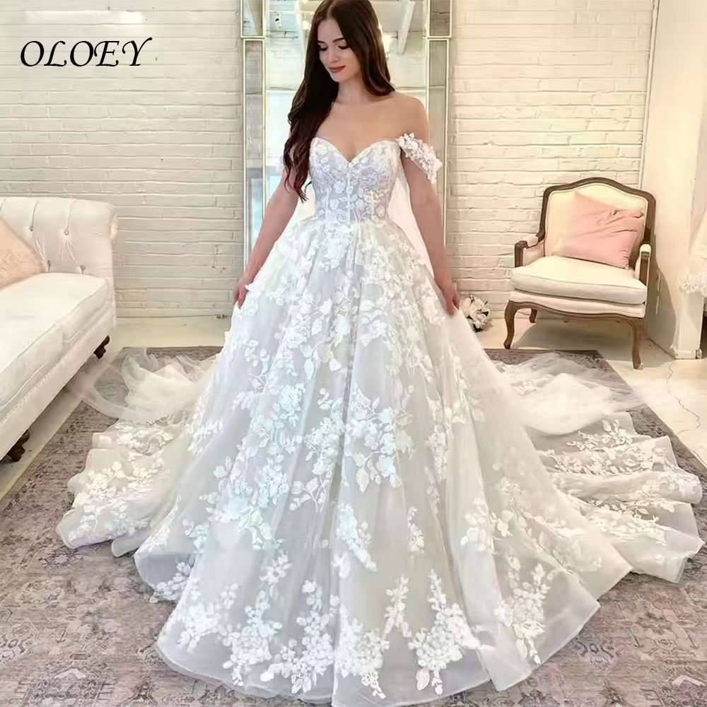 OLOEY 高級アップリケレースオフショルダー夜会服のウェディングドレス女性 2025 コートトレインブライダルドレス Vestidos デノビア