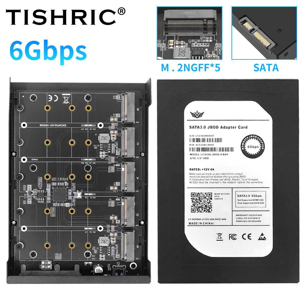 TISHRIC 4/5ポート M.2 SATA SSD B+Mキー - 3.5インチ SATA3.0 JBODアダプターカード（エンクロージャー付き）、ソケットM2 NGFF - SATAアダプターボックス 6Gbps