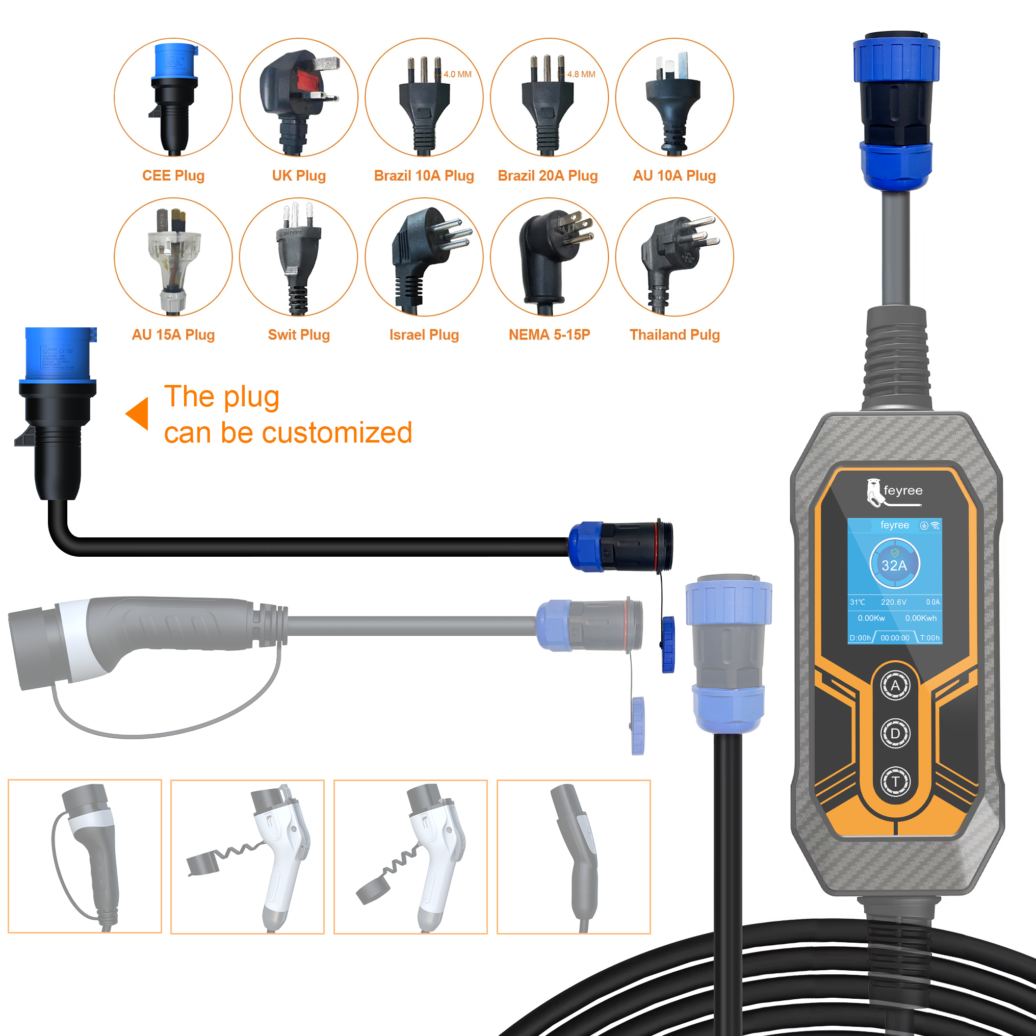 Feyree 7kW ポータブル EV 充電器 交換可能な電源側プラグ 多国の充電規格に準拠し、汎用的に使用可能