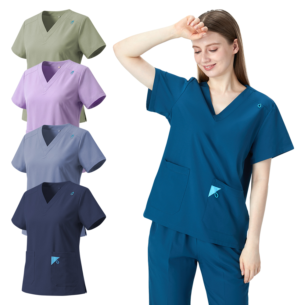 Vネックトップとパンツナーススクラブセット女性用ペットクリニック医師制服速乾ストレッチ医療服S12