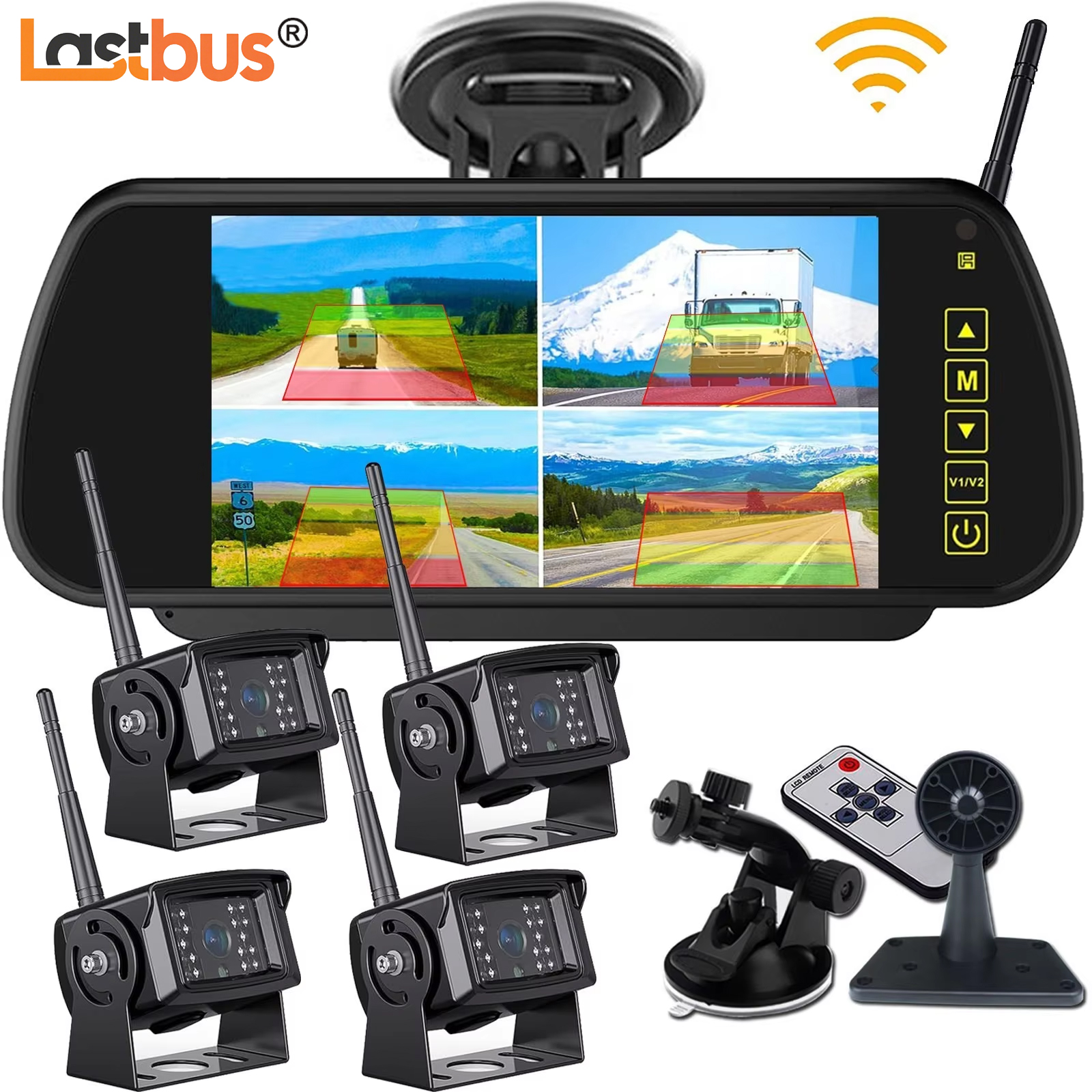 Lastbus ワイヤレスズームリアビューバックアップカメラ 7 "DVR ミラーモニタークワッド分割画面 RV キャラバントレーラーバントラクター用
