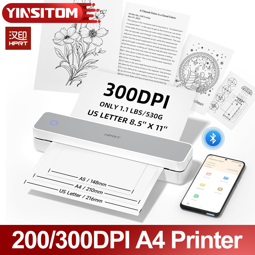 200/300dpi HPRT A4 サーマル Bluetooth ワイヤレスプリンターポータブルミニモバイル描画印刷コピー機 8.5 × 11 米国レター