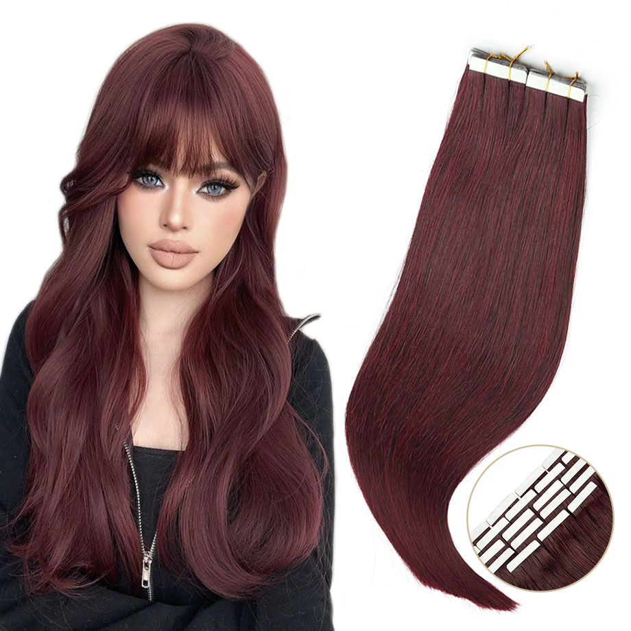 ワインレッドテープ ヘアエクステンション 本物の人毛 12-24インチ 目に見えないシームレス バーガンディ人毛テープ エクステンション