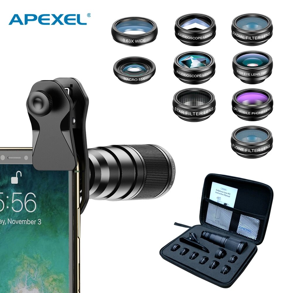 APEXEL 10 in 1 携帯電話レンズキット 22X 望遠魚眼レンズ 広角マクロレンズ CPL スターフローフィルター すべてのスマートフォン用