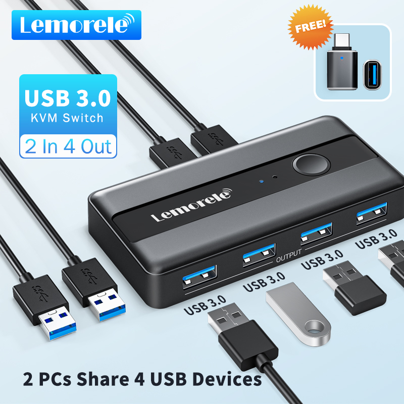 Lemorele USB KVM スイッチアダプタ USB 3.0 スイッチャー 2 入力 4 出力 USB スイッチ KVM スイッチャープリンタ共有用コンピュータキーボード