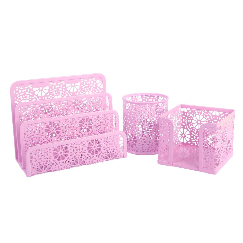 Office Stationery Pink Decor Office & Home Accessories 3 Piece Punched  Metal Desk Organizer Set for Office
