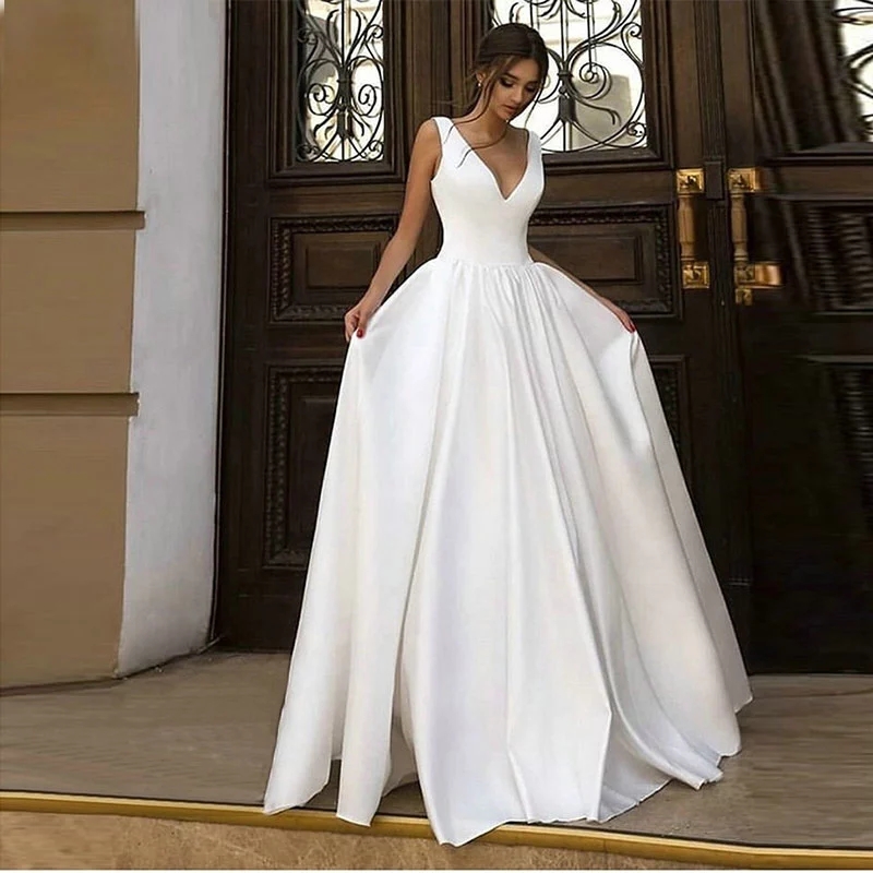 Satin V-neck Sleeveless Wedding Dresses свадебное платье Formal Wedding Bridal Gowns Vestidos De Novia Robe De Mariée Customized