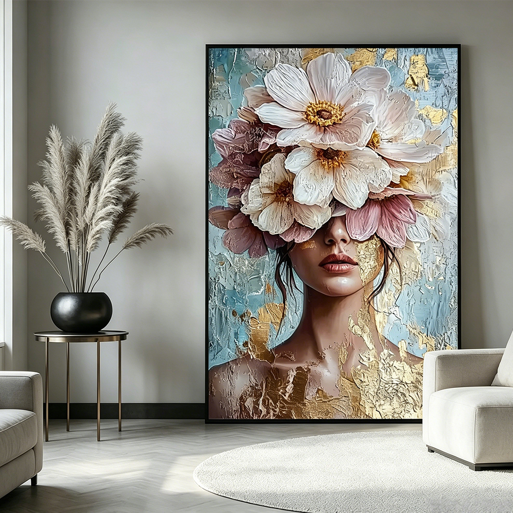 北欧高級金箔花女性のポートレートキャンバス絵画エレガントな抽象白ピンクの花女性アートポスター壁家の装飾