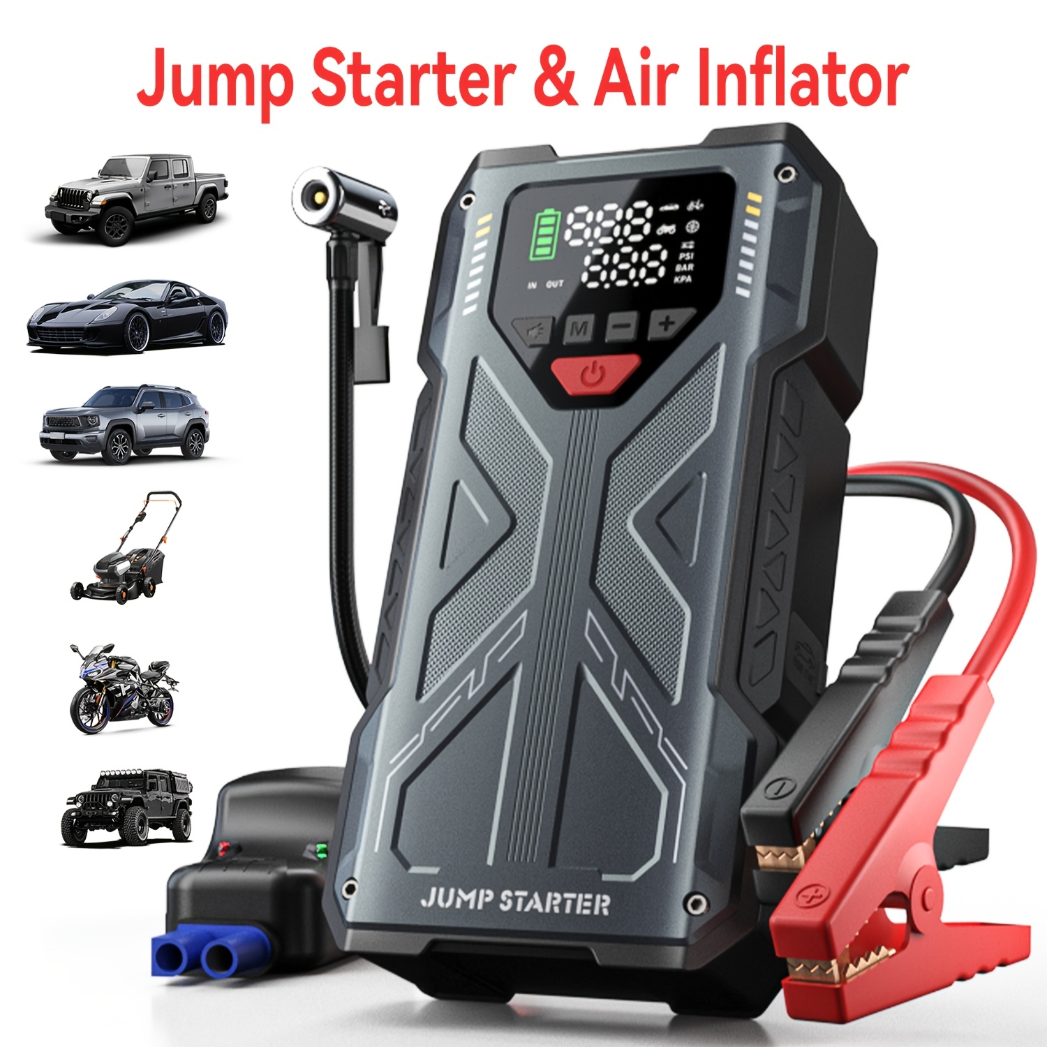 7-in-1 ポータブルジャンプスターター エアコンプレッサー付き 150PSI デジタルエアコンプレッサー、2.38gal ガス/1.98gal ディーゼルエンジン用 12V バッテリーブースター、エアコンプレッサー付きポータブルカージャンプスターター、急速充電